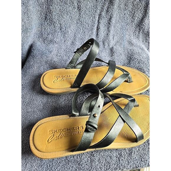 Skechers Cali Luxe Foam Black Leather Thong Strappy Slip On Sandals Womans Sz 8 - Picture 5 of 5